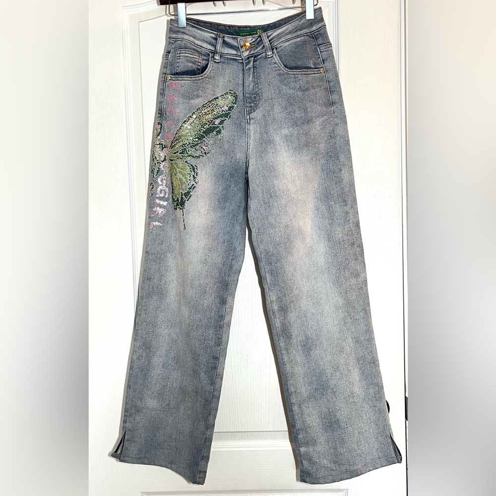 ChaoRan Butterfly Rhinestone Jeans Blue Wash Straight Leg Size 26 Embellished